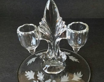 Fostoria Art Deco Etched Clear Glass Double Candlestick Holder (Pair Available)