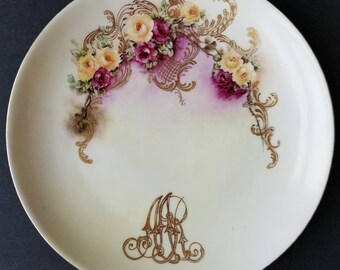 Antique Victorian-era Limoges France Handpainted Roses Porcelain Plate Initials "AAR"