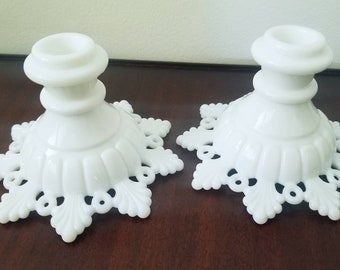 Vintage Westmoreland Milk Glass Ring & Petal Candlestick Holders