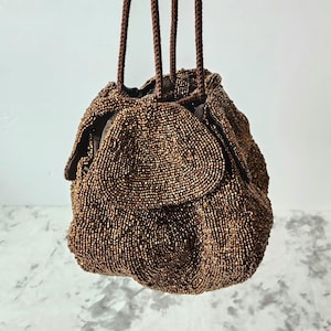 1940&#39;s Vintage Copper Beaded Drawstring Evening Handbag Unique Design