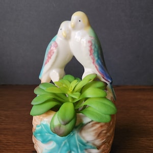 Vintage Majolica Pottery Love Bird Basket Wall Vase