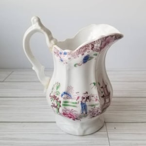 Charming Antique English Ironstone Chinoiserie Transferware Farmhouse Cream Pitcher