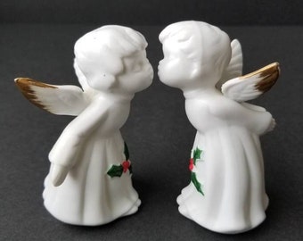 Precious Kissing Christmas Angels Vintage Porcelain Figurines