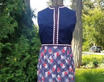 1970s Vintage Red White Blue Drop Waist Maxi Dress