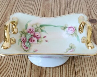 Pretty Painted Roses Footed Handled Mint Dish / Soap Dish Burton & Burton