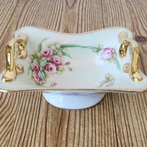 Pretty Painted Roses Footed Handled Mint Dish / Soap Dish Burton & Burton