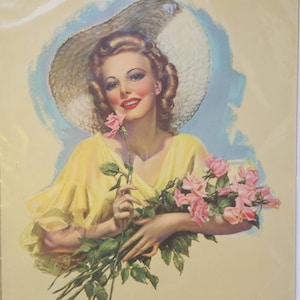 Zoë Mozert 1940s Pin Up Art Print Beautiful Woman Holding Roses