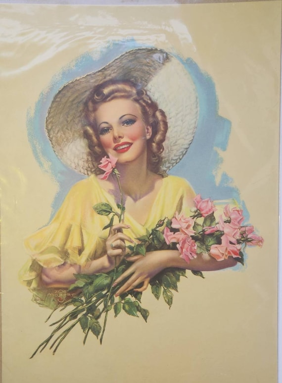 Zoë Mozert 1940s Pin up Art Print Beautiful Woman Holding Roses - Etsy