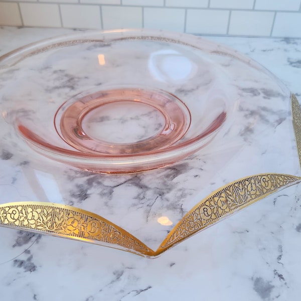 1930s Vintage Tiffin-Franciscan Pink Glass Rolled Edge Console Bowl Gilded Rambler Rose