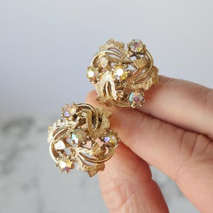 Mid-century Vintage Gold Tone & Aurora Borealis Rhinestone  Cluster Clip on Earrings