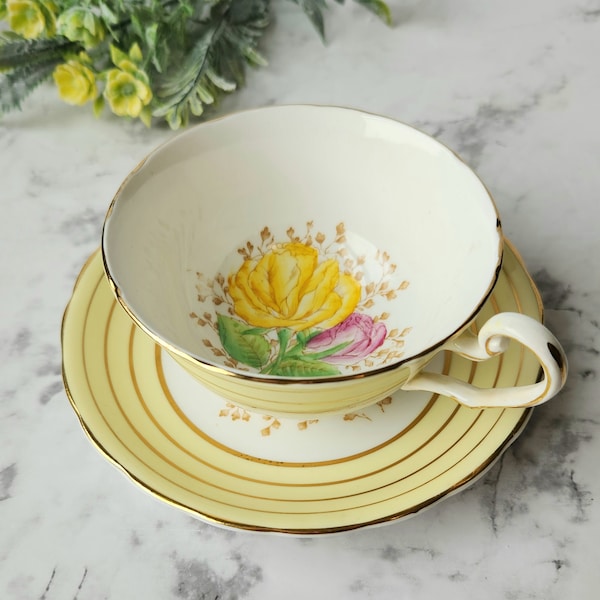 Victoria Bone China English Teacup Handpainted Yellow Floral