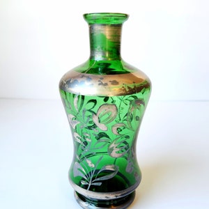 Antique Green Venetian Italian Glass Bottle Decanter With Silver Overlay