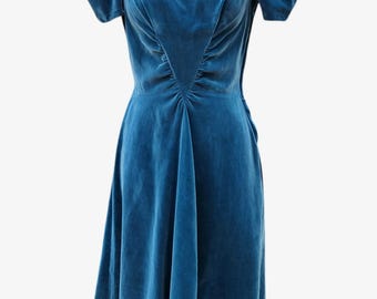 Vintage prachtige groenblauwe fluwelen jurk pin-up glamourjurk jaren 1930