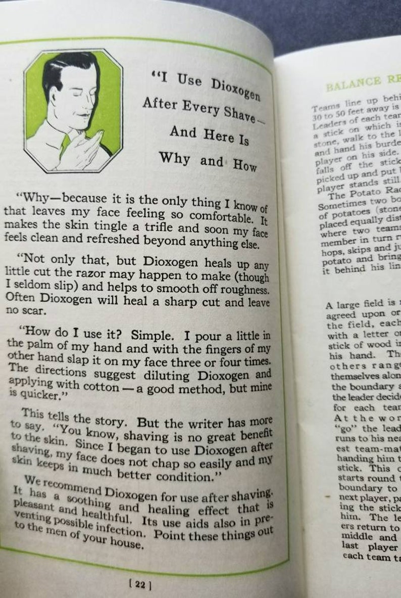May include: A black and white illustration of a man using a product called Dioxogen after shaving. The text reads "I Use Dioxogen After Every Shave - And Here Is Why and How". The text explains that Dioxogen heals cuts and soothes the skin after shaving.