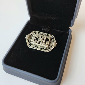 Antique Art Deco Marcasite Filigree Pin Initials EML Monogram Brooch