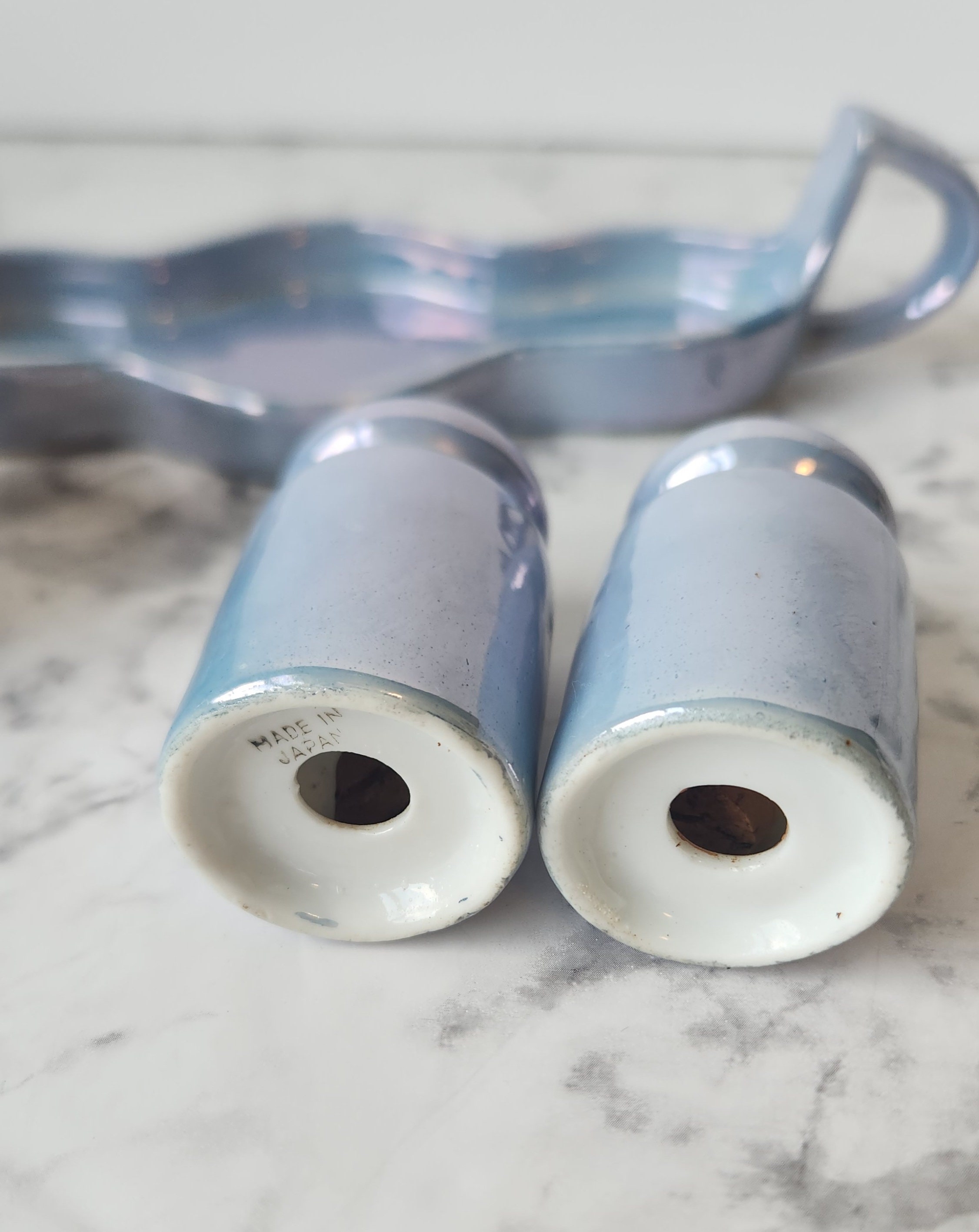 憧れの Antique Blue Made Set Caddy Mustard Pepper Salt Lustreware 工芸品