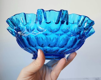 Vintage Fenton Colonial Blue Glass 8" Brides Bowl Thumbprint Pattern Ruffled Edge