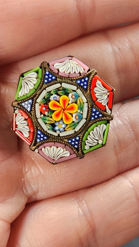 Antique Italian Micro Mosaic Hexagon Brooch