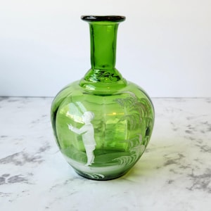 Mary Gregory Style Handpainted Green Glass Antique Vase