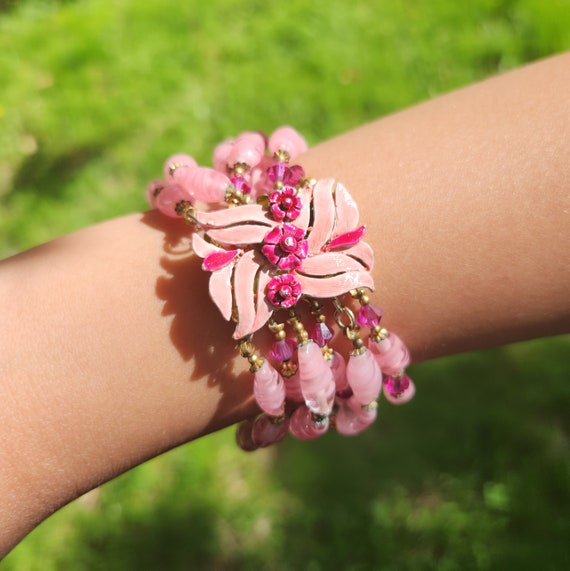 Mid-Century Vintage Multi-Strand Pink Beaded Brac… - image 1