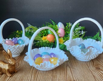 Fenton Hobnail Milk Glass Basket Candy Dish