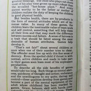 May include: A vintage book page with a green title bar that reads "Games Have a "Plus" Value". The text discusses the benefits of playing games for children, including physical health, mental development, and social skills.