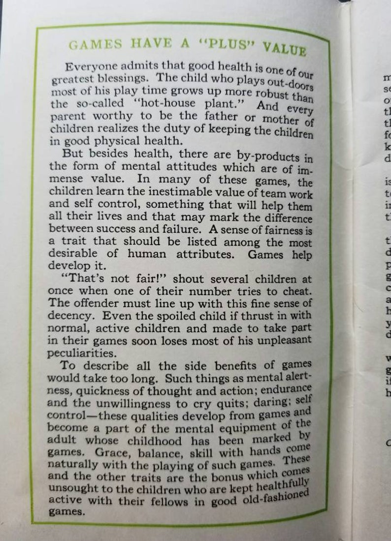 May include: A vintage book page with a green title bar that reads "Games Have a "Plus" Value". The text discusses the benefits of playing games for children, including physical health, mental development, and social skills.