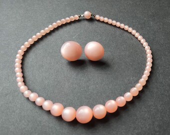 Vintage Translucent Pink Moonglow  Lucite Beaded Necklace & Button Earrings