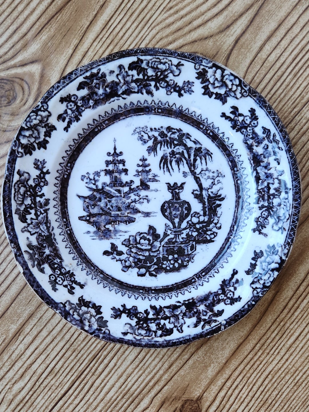 Victorian Antique Black Flow Transferware Ironstone Chinoiserie Delhi ...
