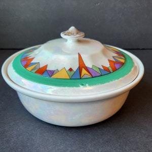 RARA casseruola rotonda in porcellana Forman Bros Art Deco Lustreware modello Chrysler Hall