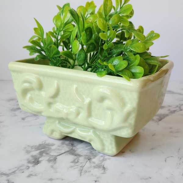 Mid-Mod Vintage USA Pottery Spring Green Planter Raised Relief Scroll Bow Design