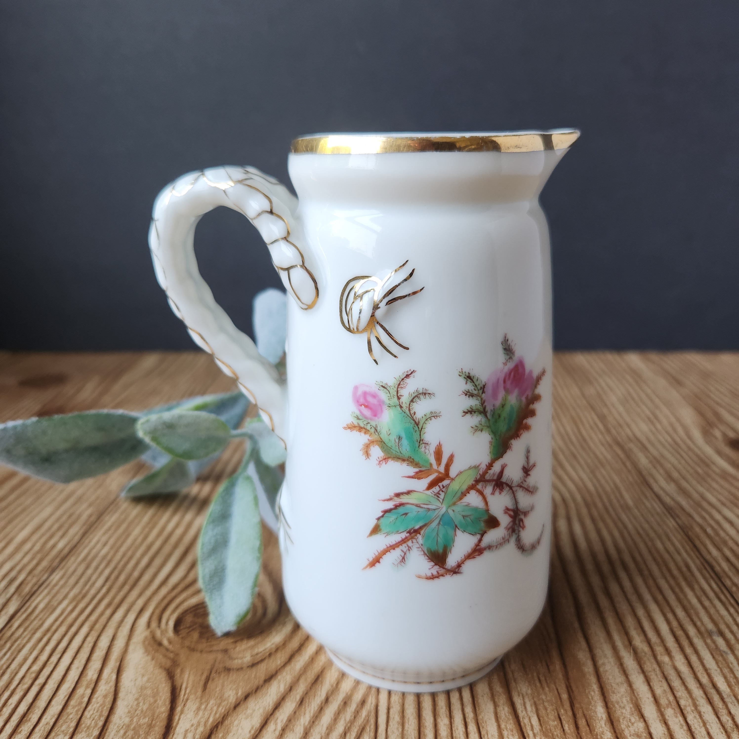 Victorian Antique Moss Rose Transferware Haviland Limoges Pitcher Rope Handle