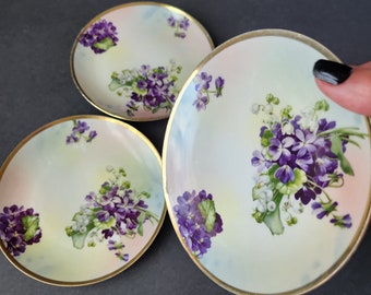 Gorgeous Antique Violets & Lily of the Valley Flowers Transferware China Dessert Plate Set