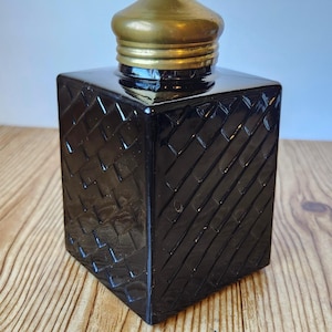 Vintage Black Glass Liquor Decanter Brass Lid Made in Hong Kong