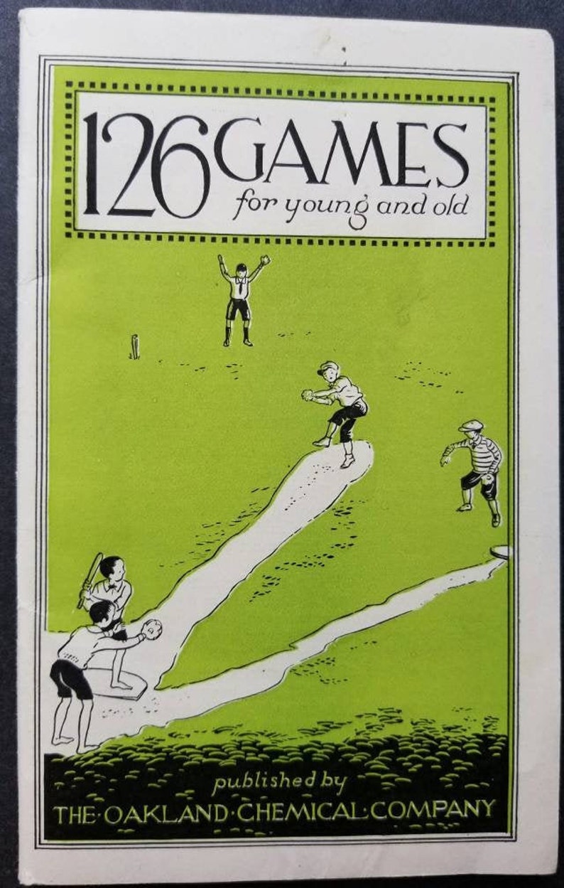 May include: A vintage book cover with a green background and black text that reads "126 GAMES for young and old". The cover features a black and white illustration of children playing baseball.