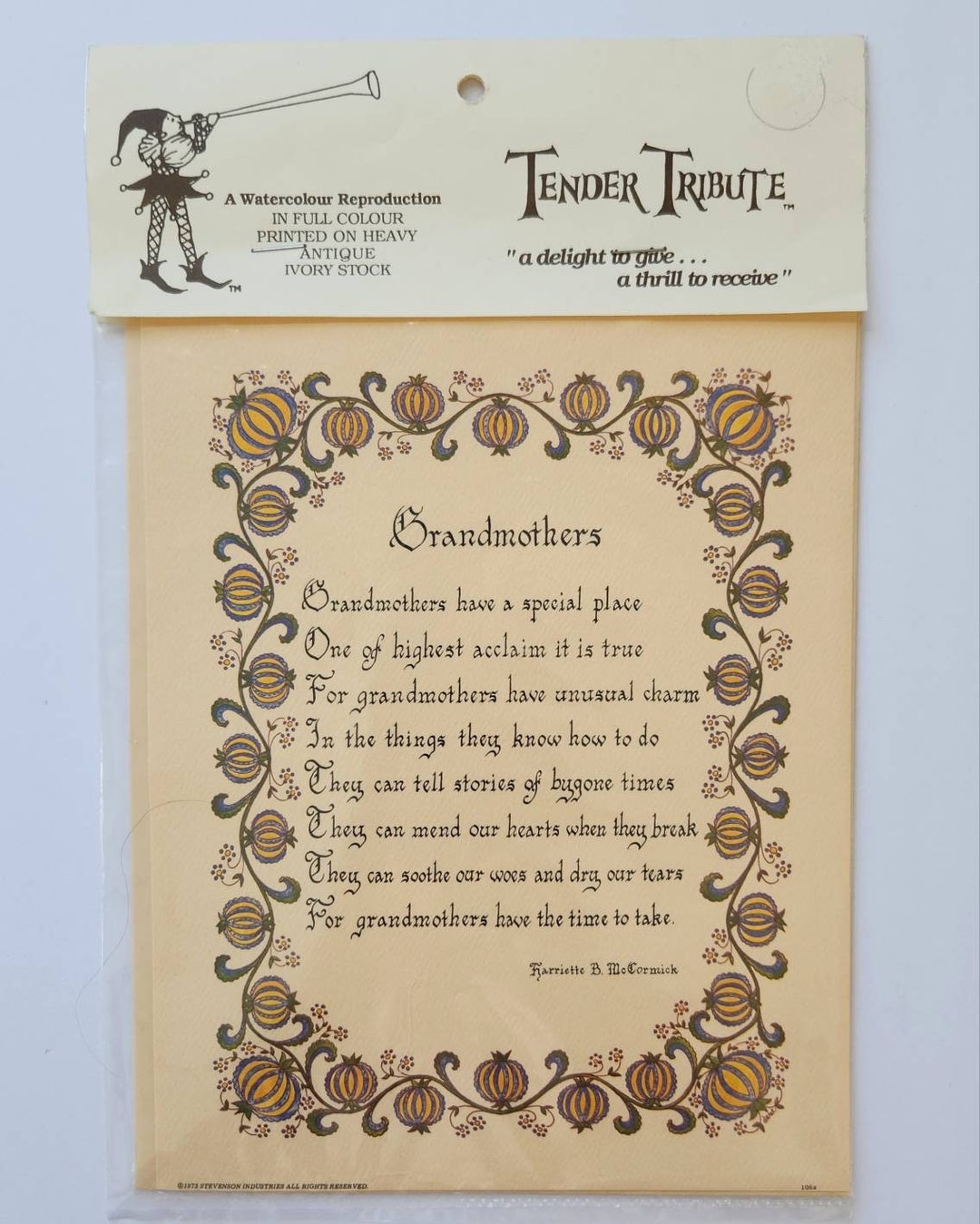 1973 Vintage NOS Tender Tributes Grandmother Poem Sentimental Gift Art ...