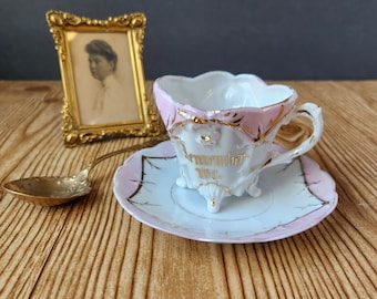 Victorian Antique Lustreware &quot;Remember Me&quot; German Porcelain Footed Coffee Cup Teacup