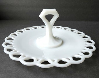 Vintage Milk Glass Open Lace Handled Server