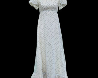 1970&#39;s Vintage Sylvia Ann Flowy Maxi  Empire Waist Dress Blue Rosebuds