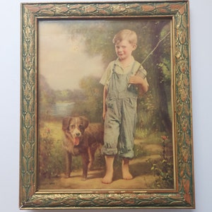 Framed Antique Litho Print Boy Dog Fishing