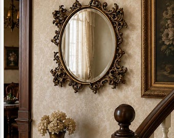 RARE Ornate Antique Cast Brass Oval Wall Mirror | Rococo Revival / Victorian Decor