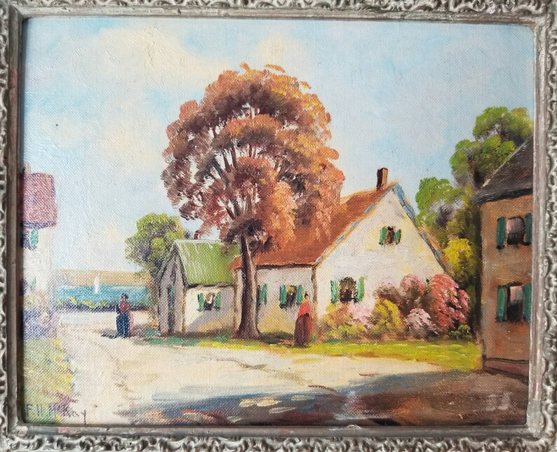 May include: A painting of a quaint countryside scene with two white houses, a large tree with orange leaves, and two figures walking on a dirt road. The sky is blue with white clouds.