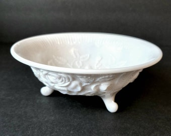Vintage Imperial Milk Glass Roses Pattern Footed Rose Bowl/Serving/Fruit Bowl