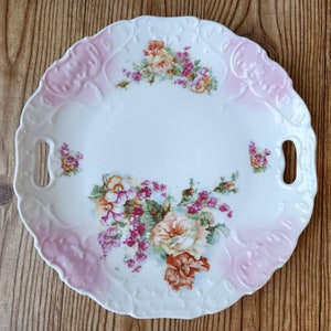 Antique Transferware Cookie Plate Pink Flowers Raised Relief Scroll Design Shabby Chic Decor