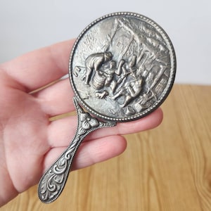 Art Nouveau Silver Plate Repousse Small Beveled Hand Purse Mirror