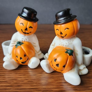 Adorable Vintage Halloween Jack-o-Lantern Candlestick Holders