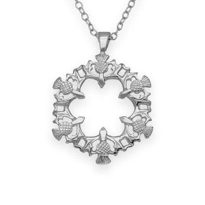 Celtic Infinity Thistle Circle  Pendant Necklace Sterling Silver Scottish Jewelry
