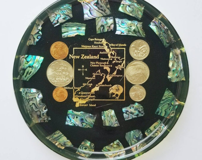 New Zealand Souvenir Plate Abalone Paua Shells & Coins in Lucite Etsy