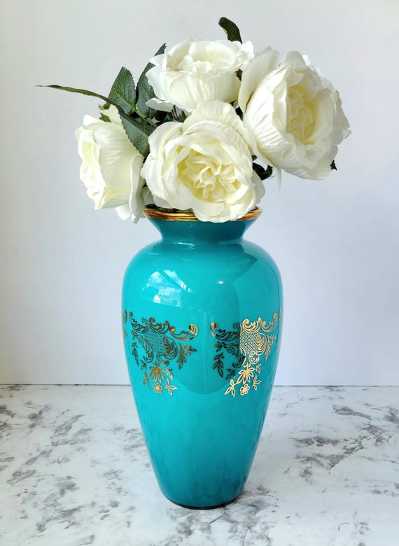Turquoise & Gold Glass Handmade 11" Vase; Fatto A Mano Cristallerie Italiane
