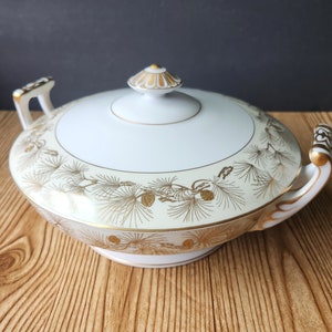 Gold Pinecone Pattern Porcelain Ironstone Vegetable Tureen Elegant Fall China